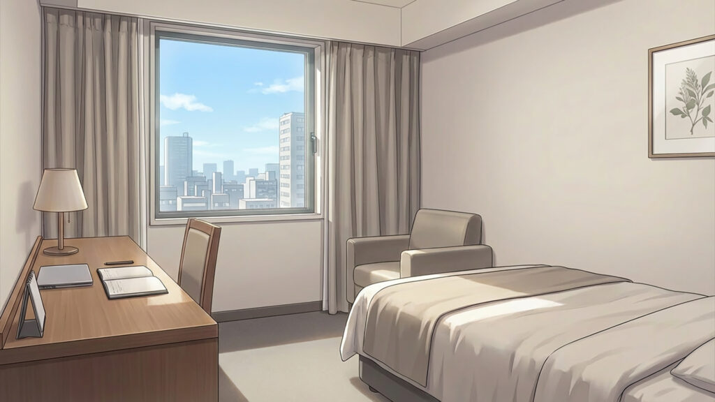 ビジネスホテルのデスクとソファのある客室｜差分の背景イラストのフリー素材