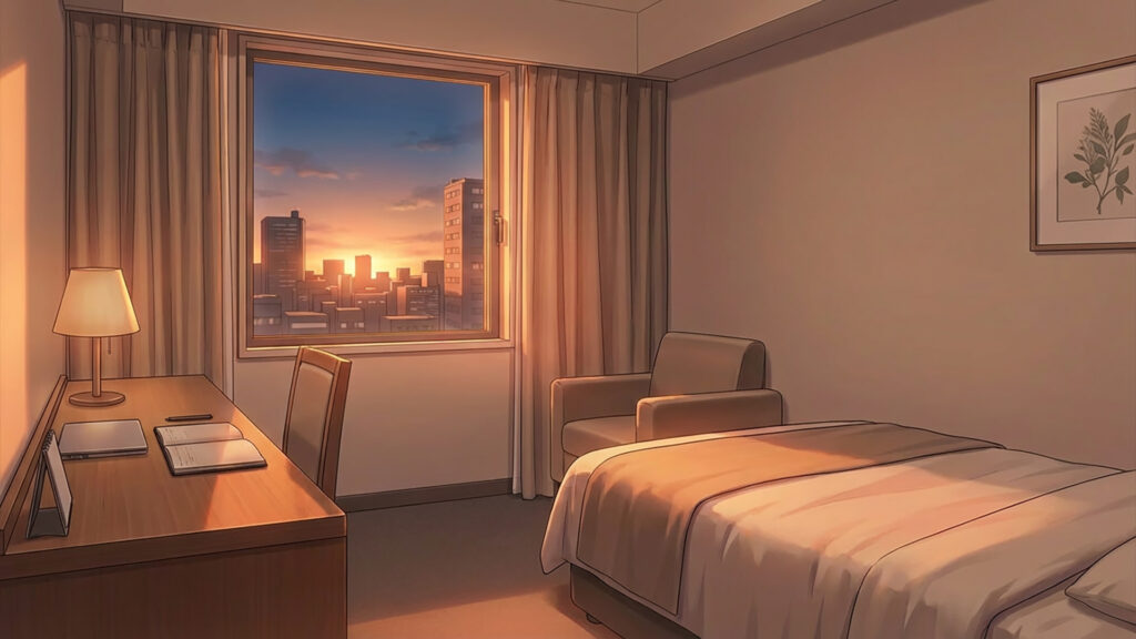 ビジネスホテルのデスクとソファのある客室｜差分