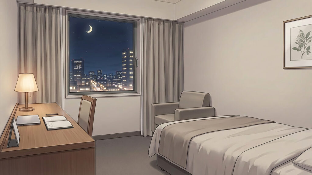 ビジネスホテルのデスクとソファのある客室｜差分