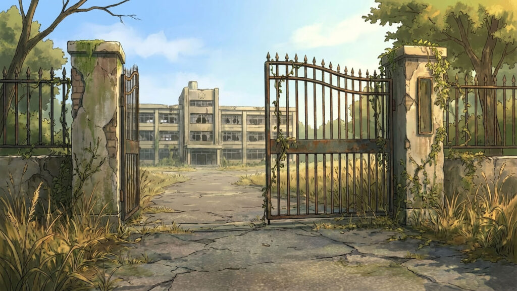 廃校の校門｜差分の背景イラストのフリー素材