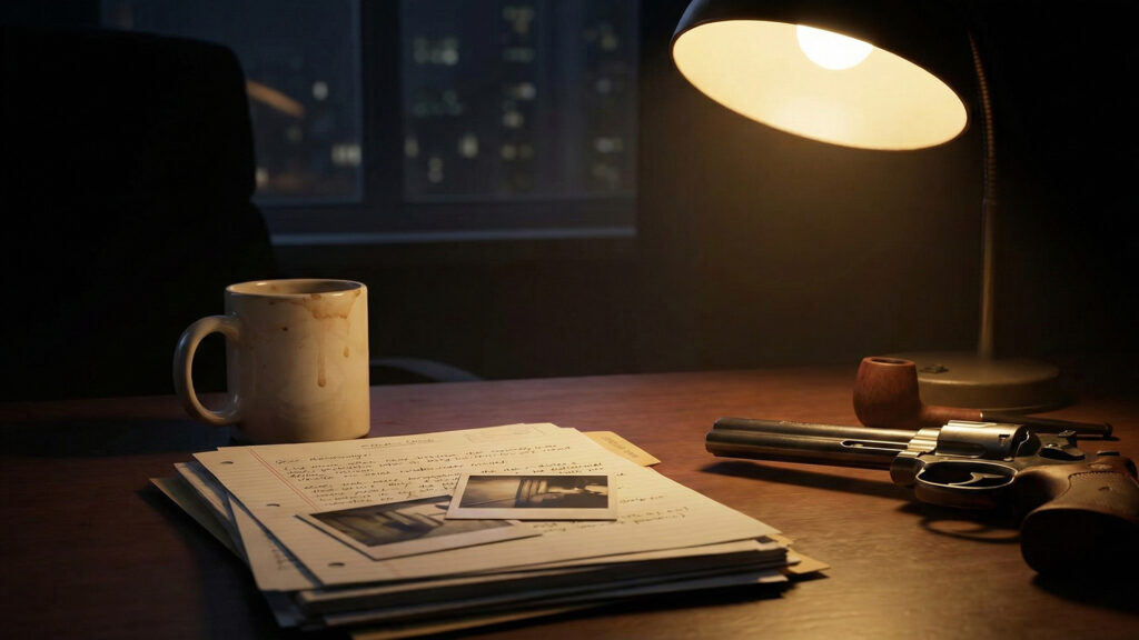 書類とコーヒーカップが置かれた探偵事務所のデスク