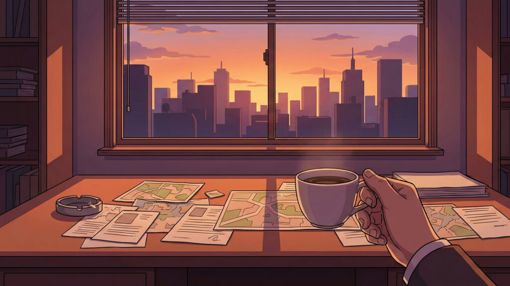 書類とコーヒーカップが置かれた探偵事務所のデスク