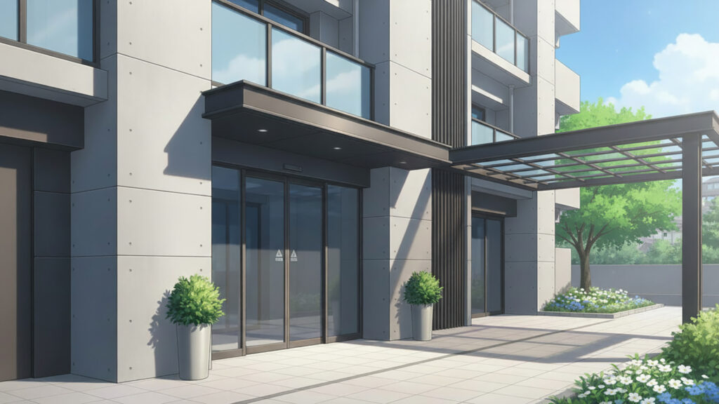 マンションの入り口｜差分ありの背景イラストのフリー素材