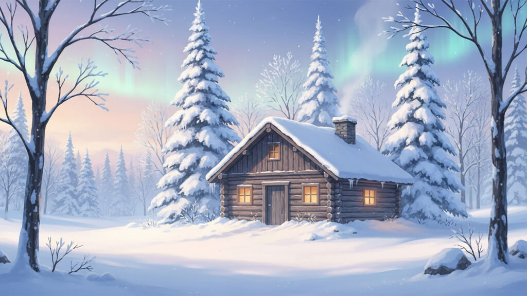 極北の山小屋の背景イラストのフリー素材