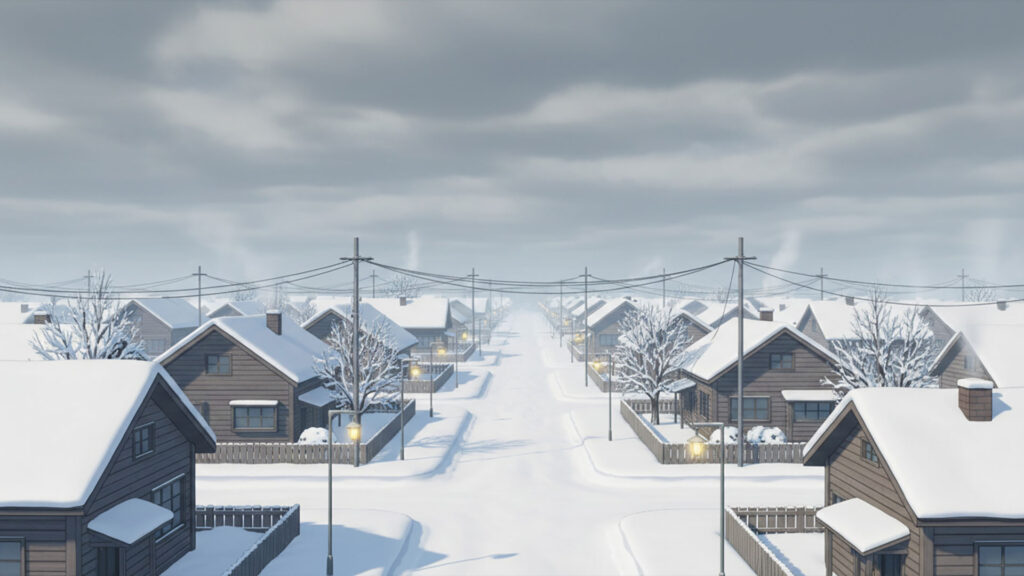 極寒の住宅街の背景イラストのフリー素材