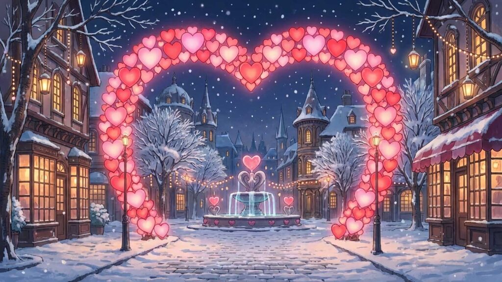 ハート型イルミネーションの広場の背景イラストのフリー素材