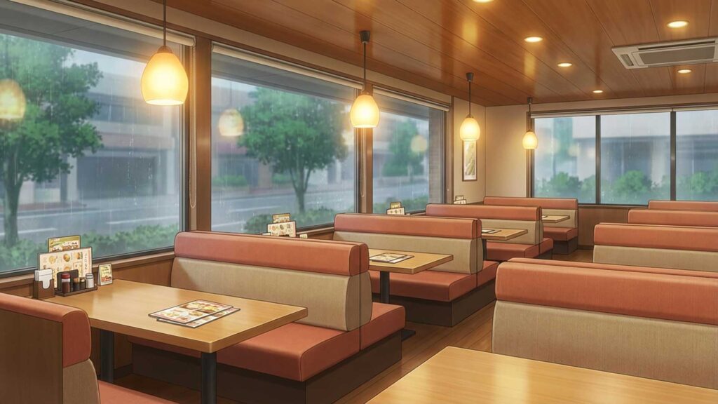 ボックス席が並ぶファミレス店内｜差分