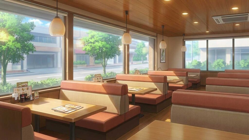 ボックス席が並ぶファミレス店内｜差分の背景イラストのフリー素材