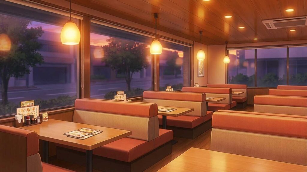 ボックス席が並ぶファミレス店内｜差分