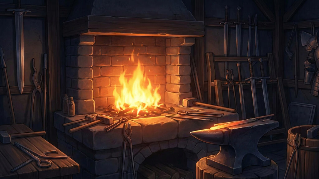 武器や防具が所狭しと並ぶ鍛冶屋の店内