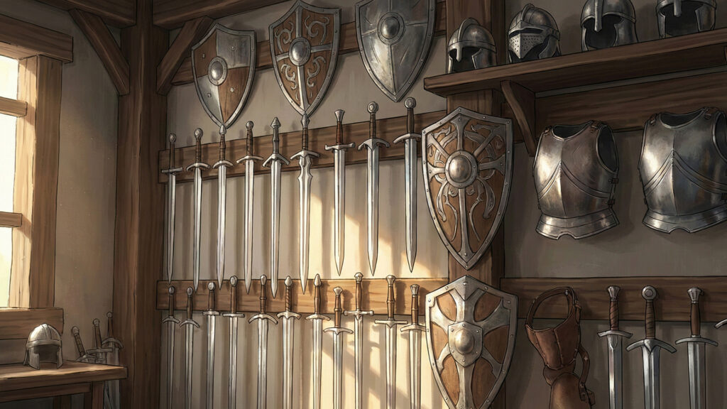 武器や防具が所狭しと並ぶ鍛冶屋の店内