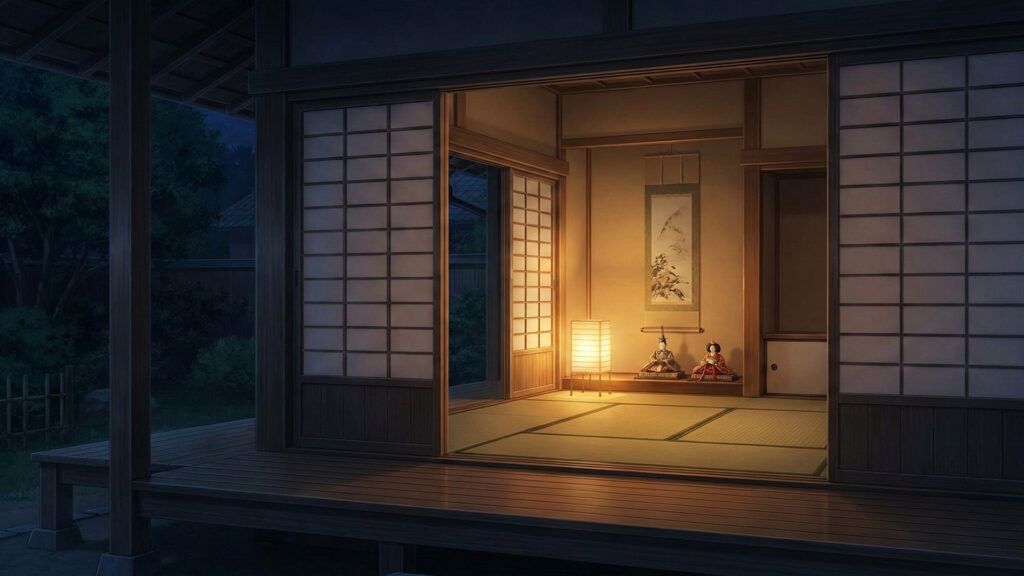 日本人形や掛け軸が飾られた古い日本家屋の和室