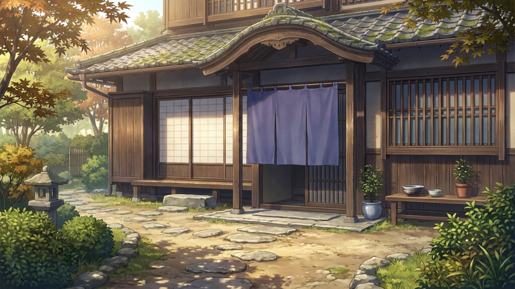 町中にある日本茶屋｜差分の背景イラストのフリー素材