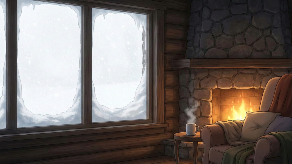 山荘の暖炉があるリビング