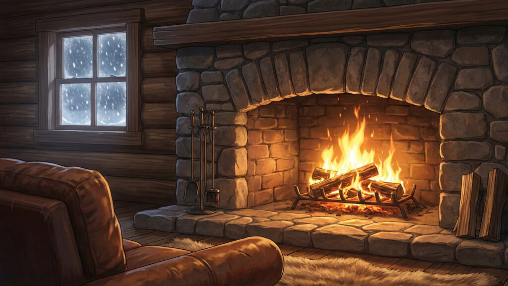 山荘の暖炉があるリビング
