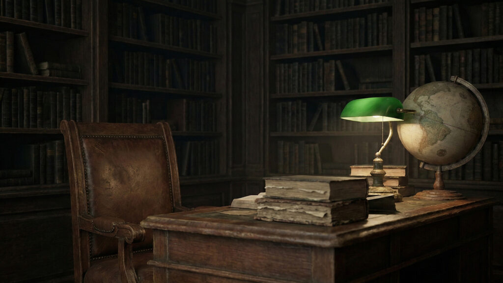 薄暗い照明の中に本棚が並ぶ古びた図書館