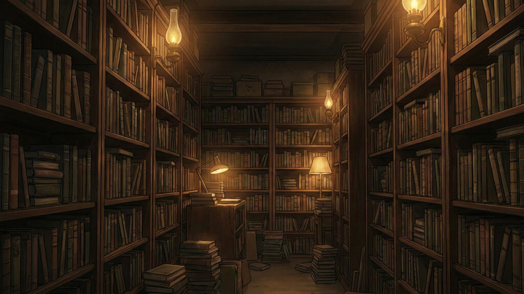 薄暗い照明の中に本棚が並ぶ古びた図書館