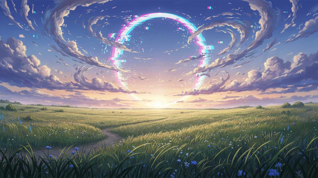 異世界の草原｜グリッチの背景イラストのフリー素材