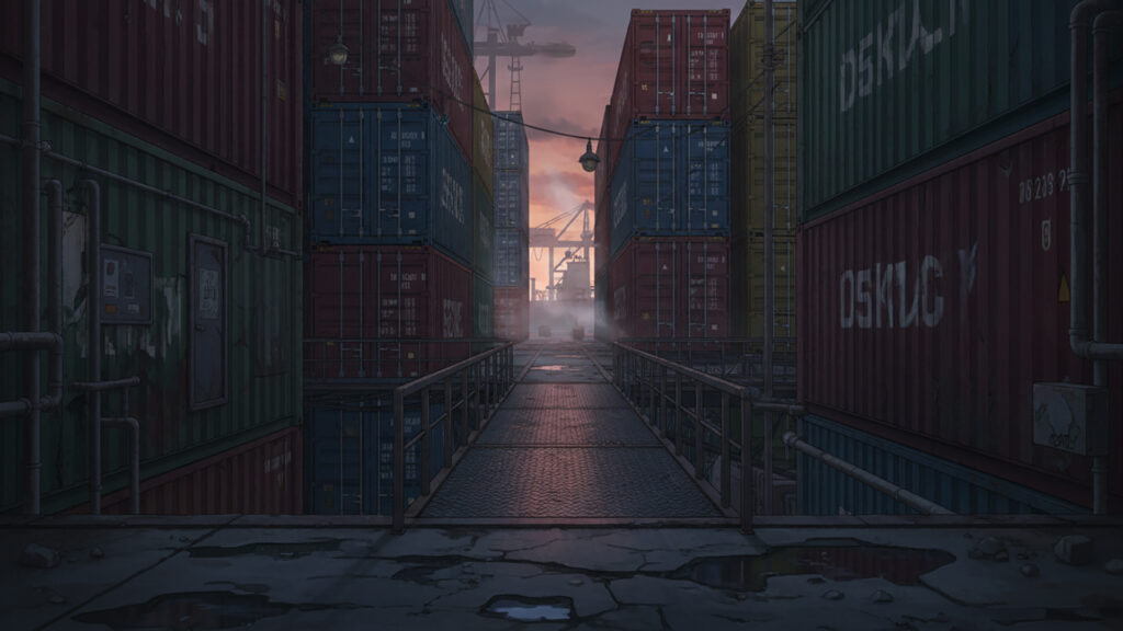 コンテナ裏の通路の背景イラストのフリー素材