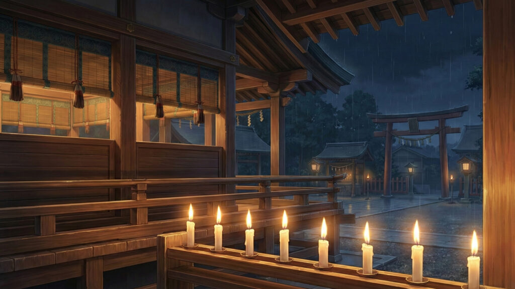 ろうそくの火が揺れる夜の神社の境内