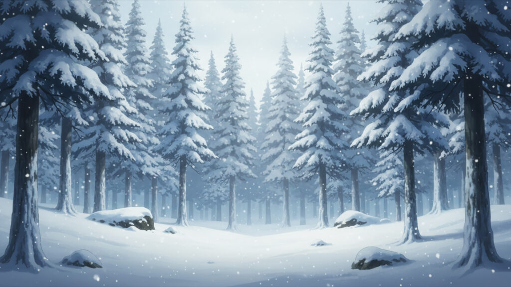 雪に包まれた針葉樹林の背景イラストのフリー素材