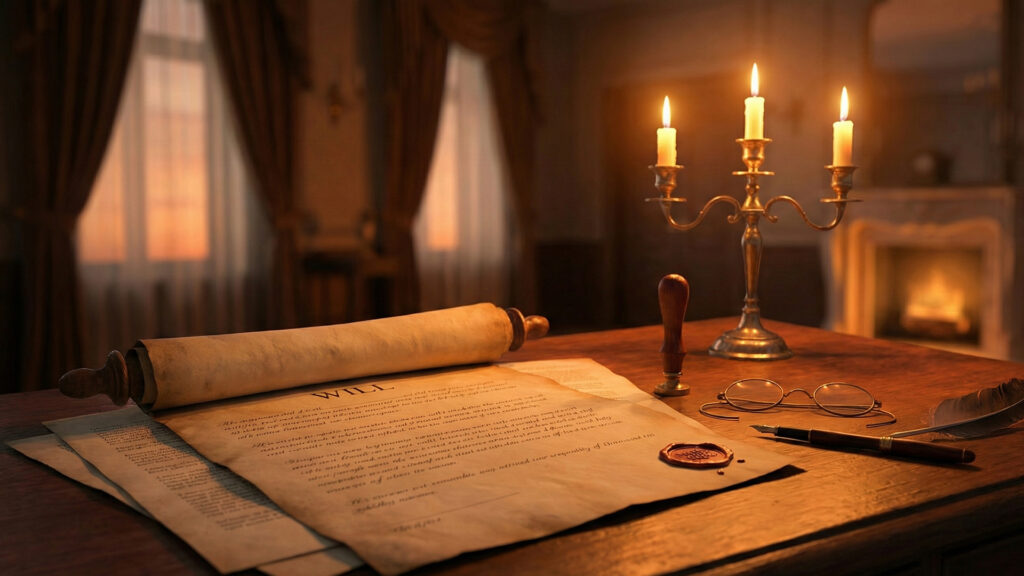 遺言書の読み上げが行われる厳粛な屋敷の応接間