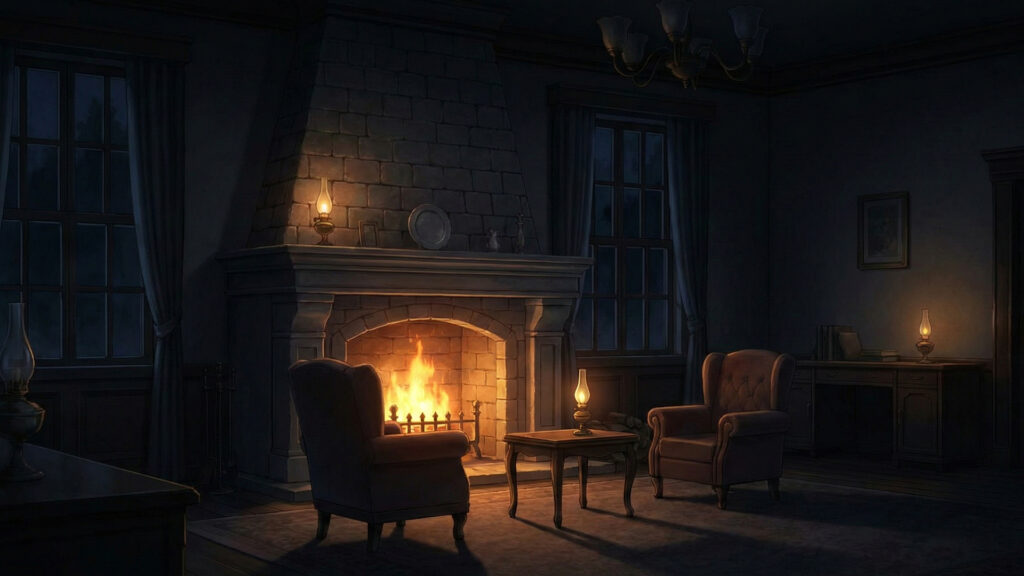 遺言書の読み上げが行われる厳粛な屋敷の応接間