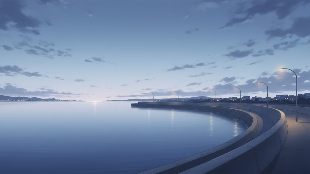夜明け前の防潮堤の背景イラストのフリー素材