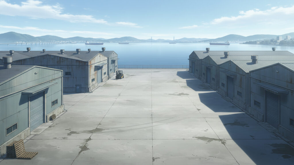 湾岸倉庫前の広場の背景イラストのフリー素材