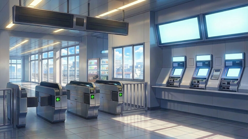 切符売り場と改札｜差分の背景イラストのフリー素材