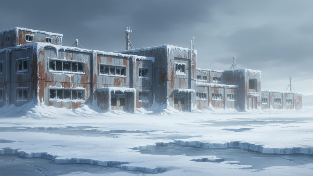 雪に埋もれた無人施設の背景イラストのフリー素材