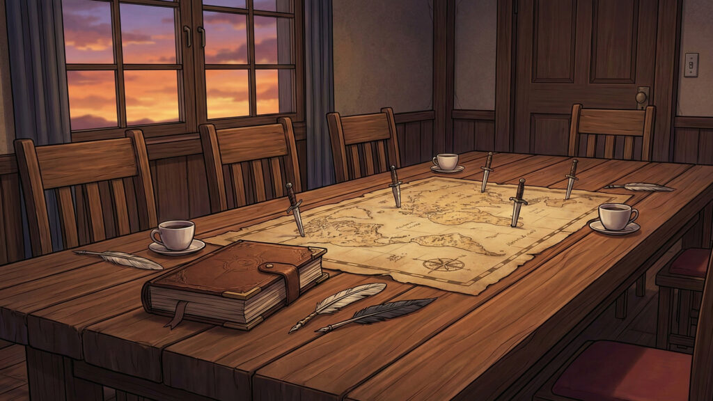 議論を行う洋館のダイニングテーブル