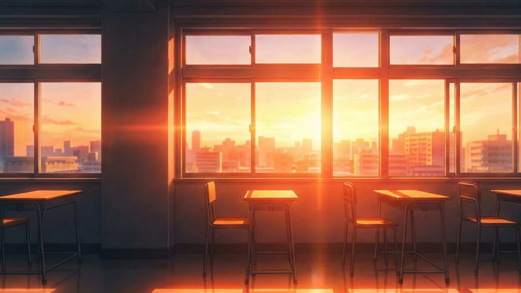 放課後の夕日が差し込む誰もいない教室