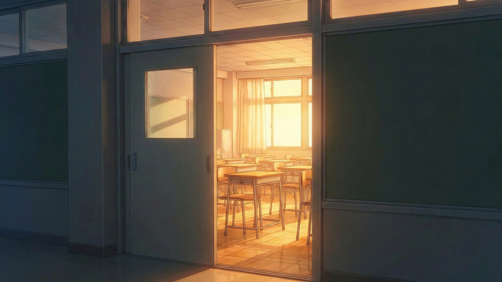 放課後の夕日が差し込む誰もいない教室