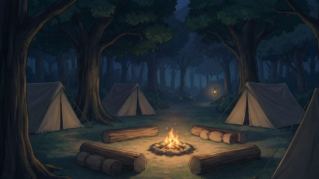 夜の見張りを立てて休憩する森の中のキャンプ地