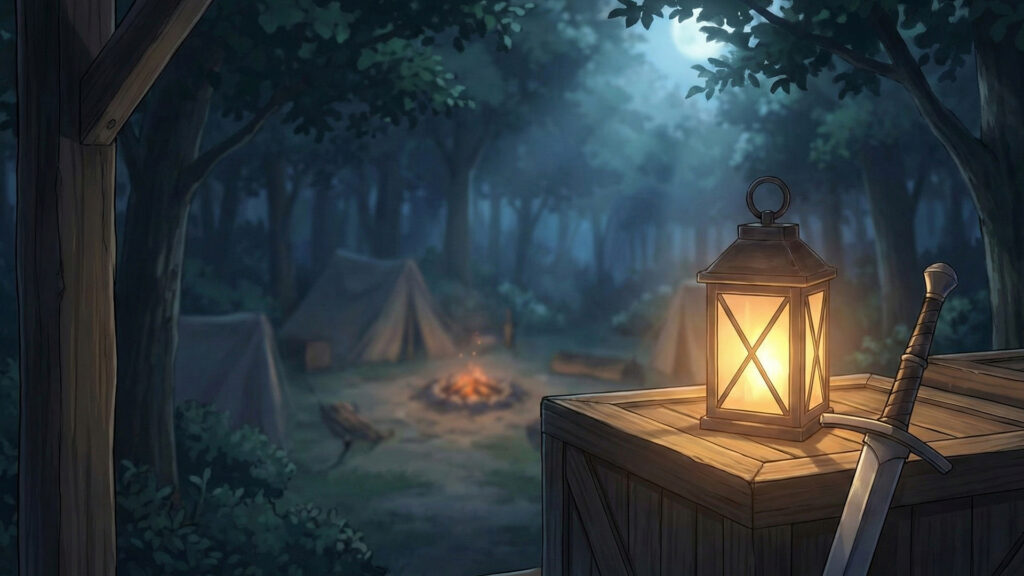 夜の見張りを立てて休憩する森の中のキャンプ地