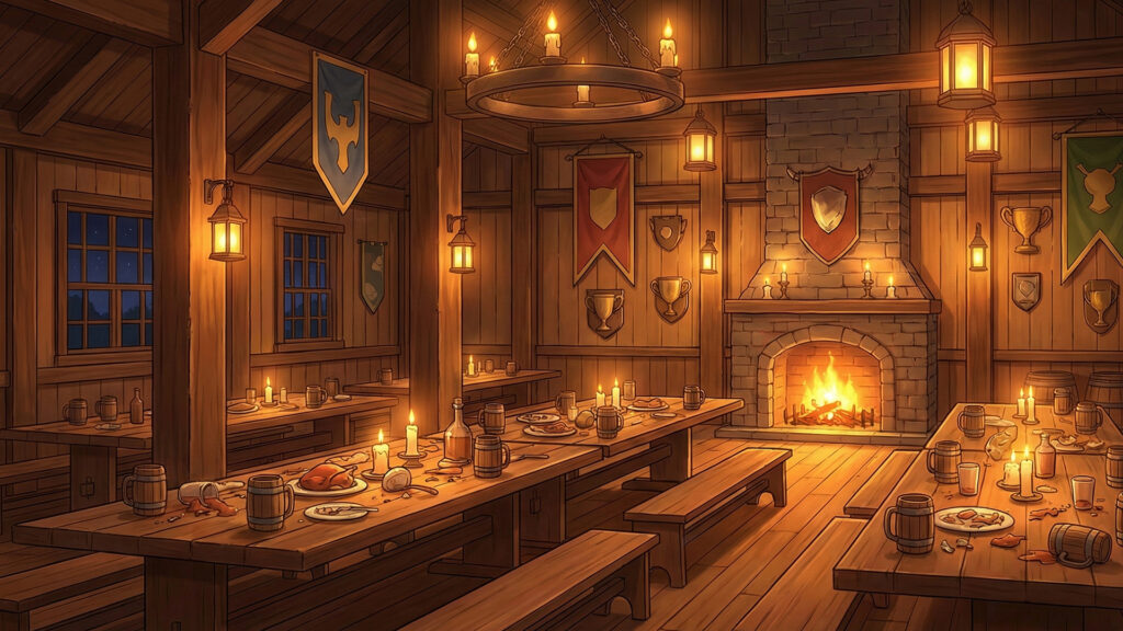 冒険者が集まる賑やかな木造の酒場