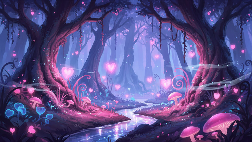 ハートの森の背景イラストのフリー素材