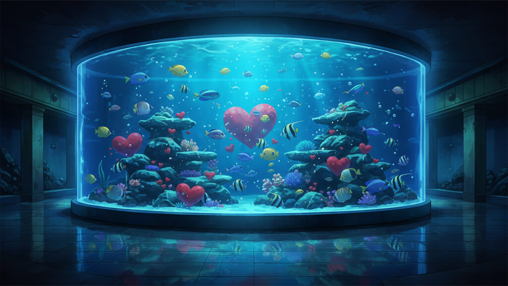 夜の水族館とハートの水槽の背景イラストのフリー素材