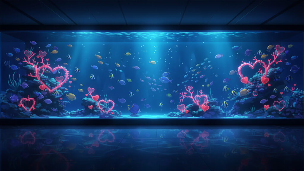 夜の水族館とハートの水槽
