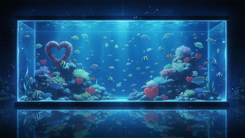 夜の水族館とハートの水槽