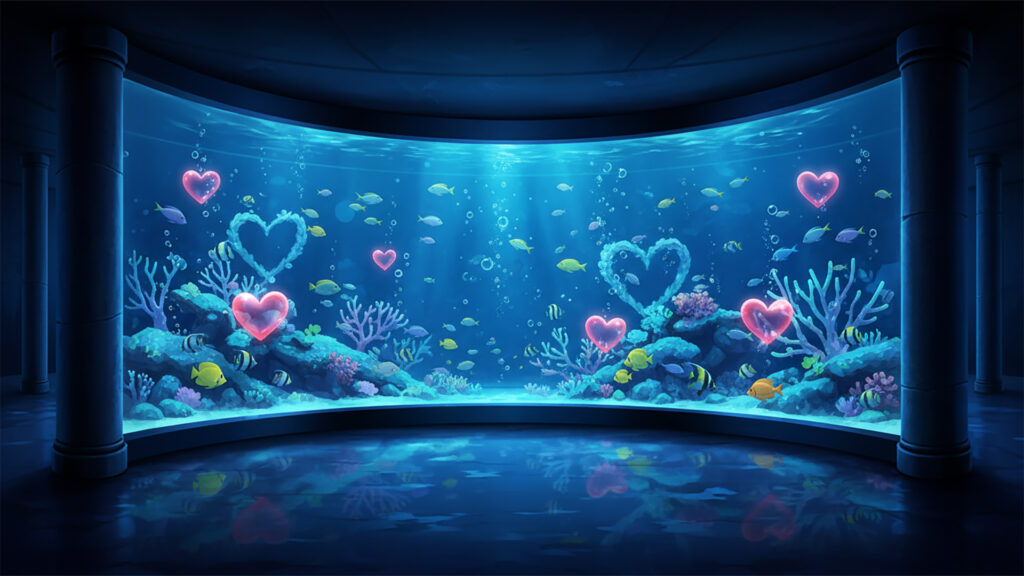 夜の水族館とハートの水槽