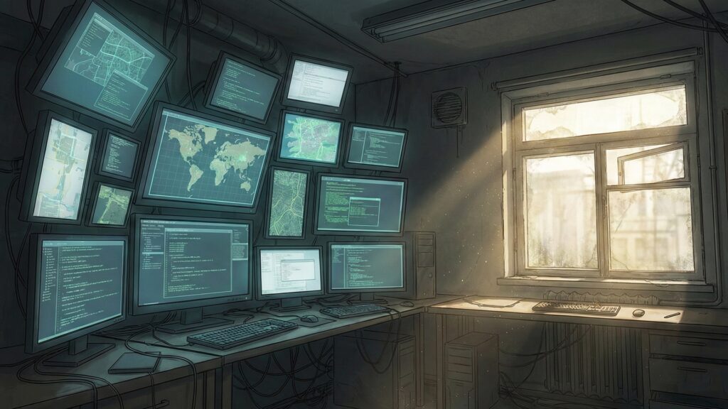 モニターが並んだアジト