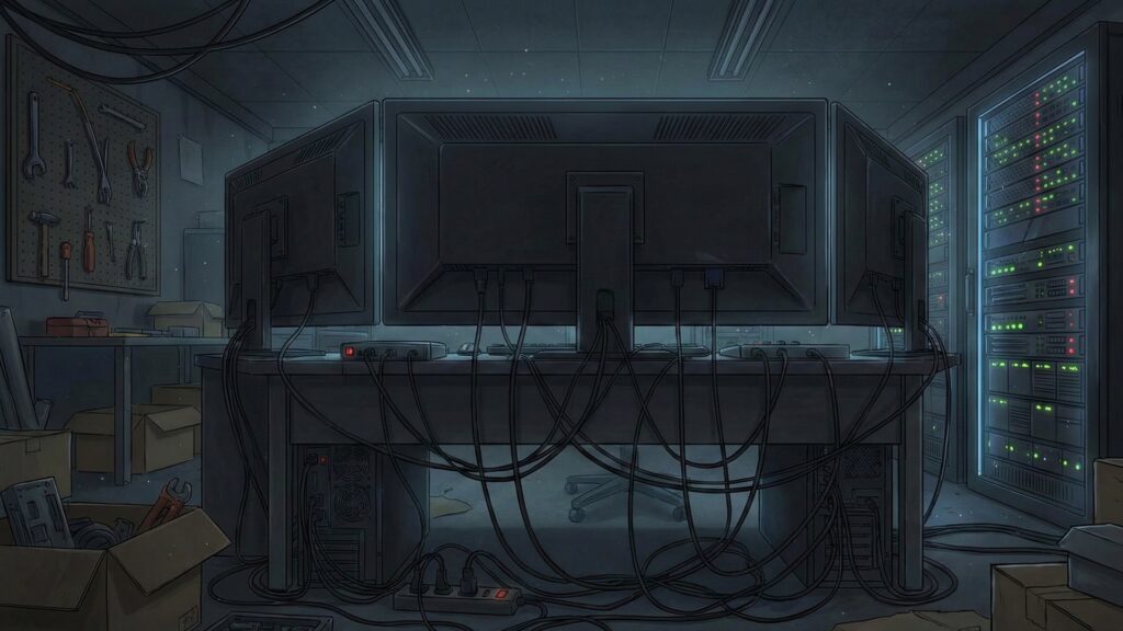 モニターが並んだアジト