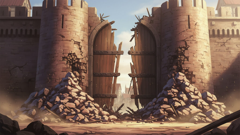 戦いによって破壊された中世風の街｜城門