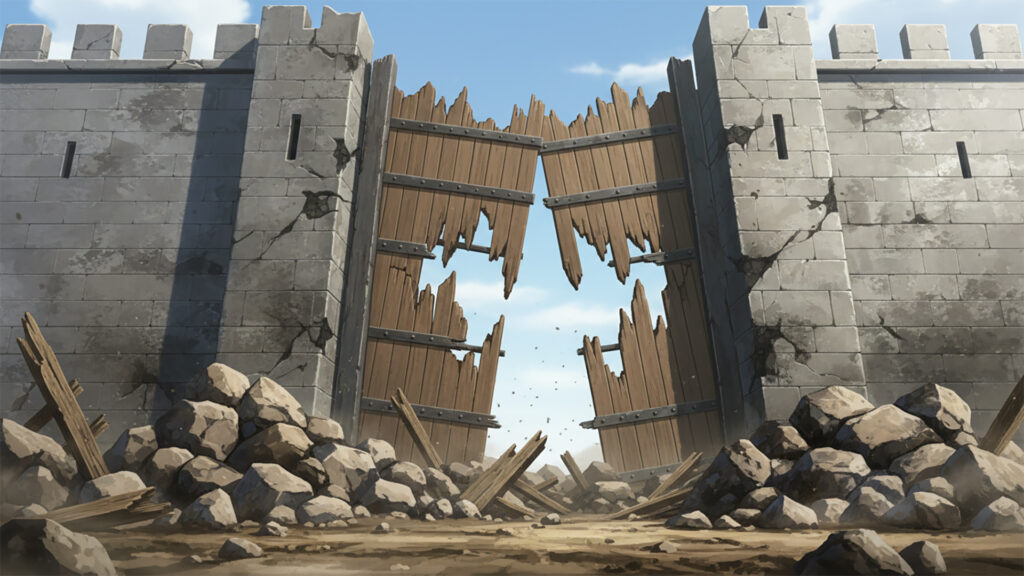 戦いによって破壊された中世風の街｜城門の背景イラストのフリー素材