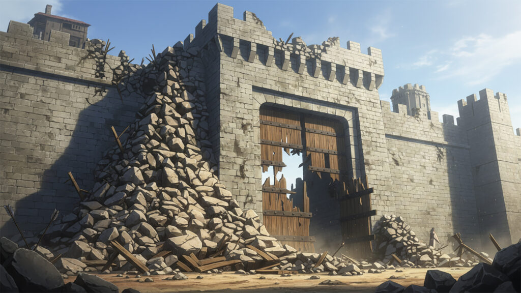 戦いによって破壊された中世風の街｜城門