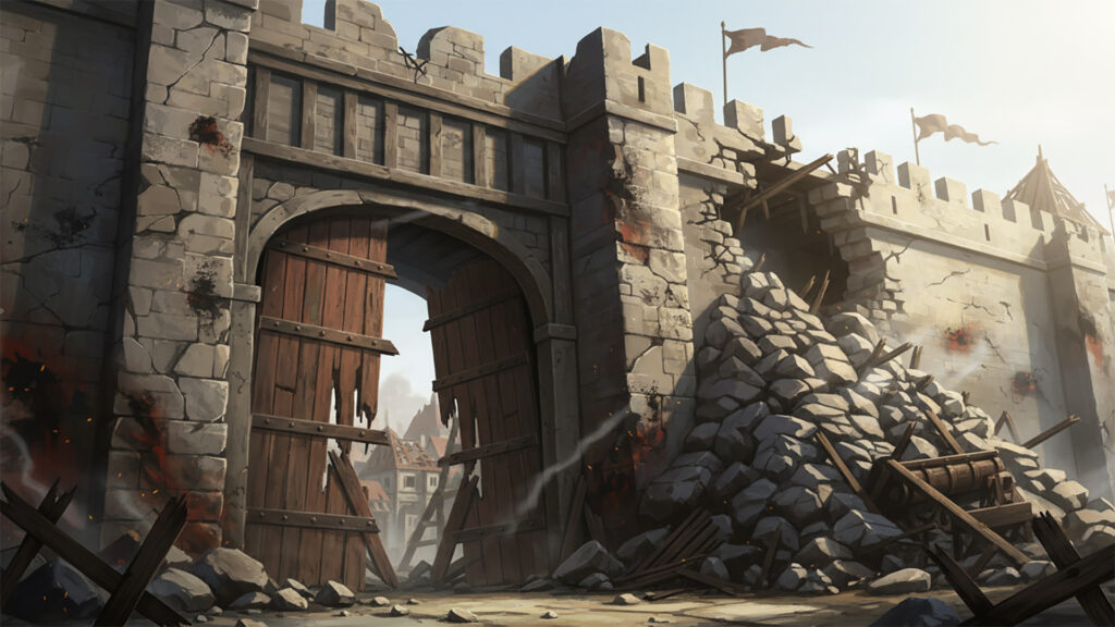 戦いによって破壊された中世風の街｜城門