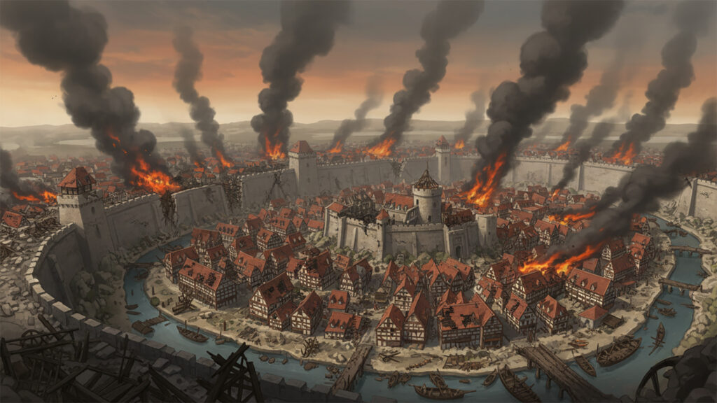 戦いによって破壊された中世風の街｜全景