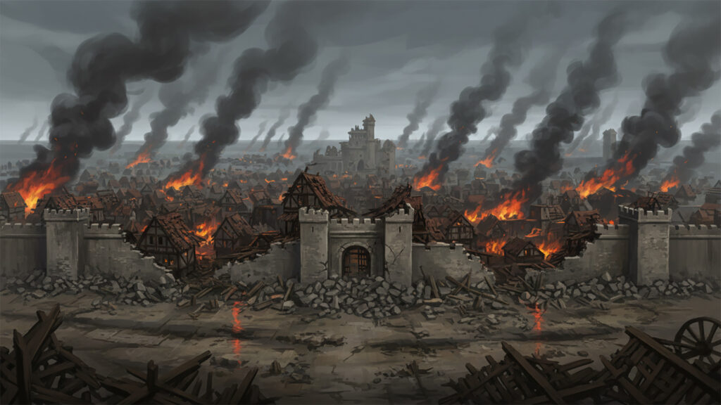 戦いによって破壊された中世風の街｜全景の背景イラストのフリー素材